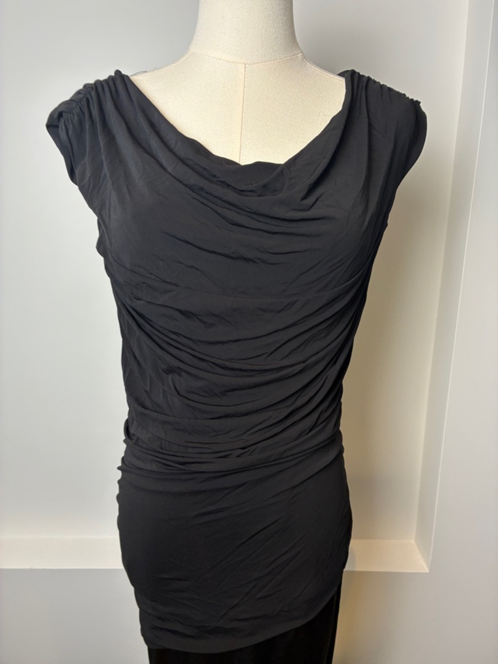 Ruched Black Midi Dress with Cowl Neck
